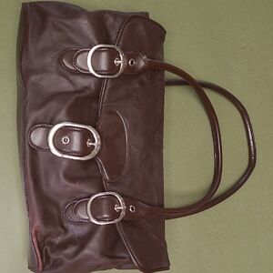 DKNY Dark Brown Leather Shoulder Bag with Triple Silver Buckles